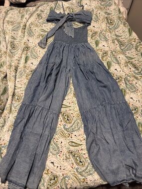 Fashion Nova Blue Chambray Smocked Jumpsuit with Tie Detail